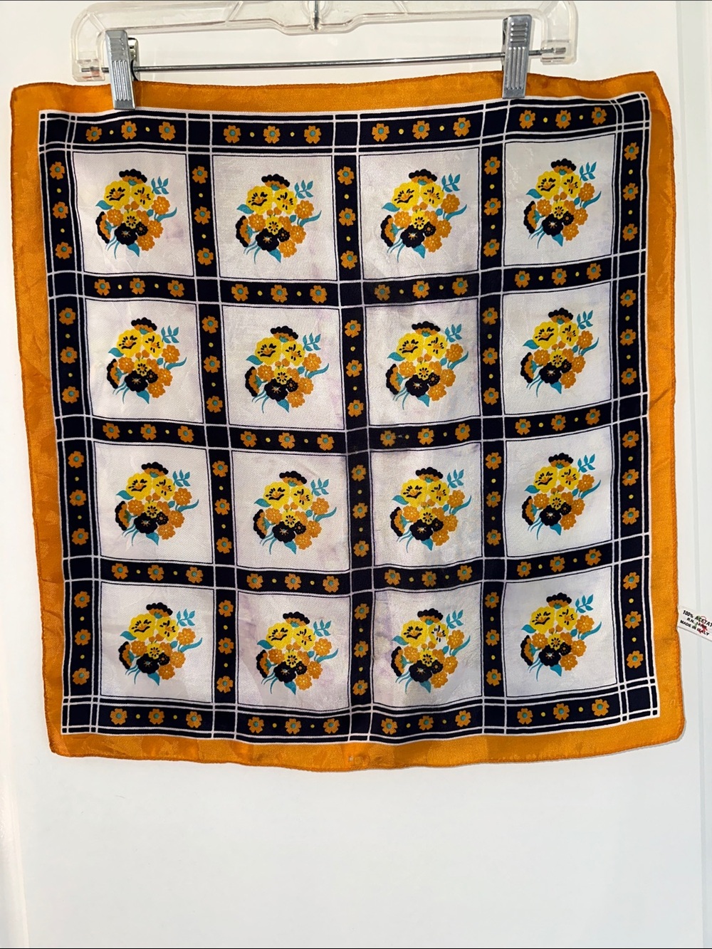 Vintage 60s/70s Berkshire Fashions Mustard Floral Square Acetate Scarf